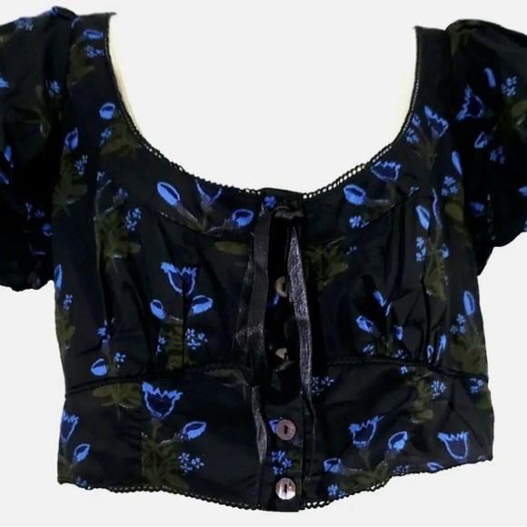Free People Easy To Love Black Floral Crop Top Button - Picture 4 of 10